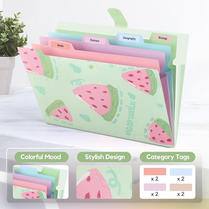 Cute Expanding File Folder Fruit Series - 5 Pockets Accordion Document Organizer, Waterproof Poly Plastic, A4/Letter Size for School Office Home (Watermelon)