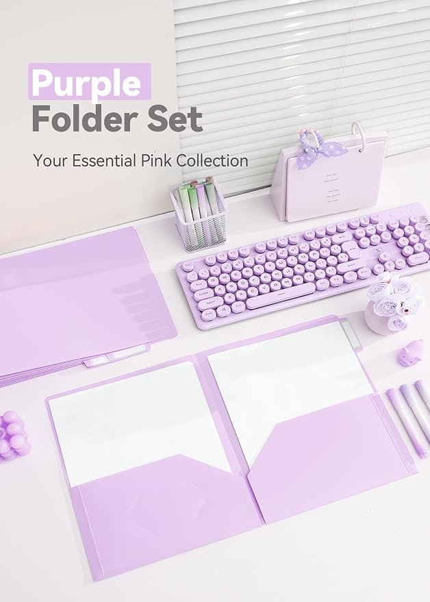 SortRax Plastic Folders with Pockets, 6 Pack Purple Folders for School, Unique 1/3 Cut Tabs with Colorful Labels, Letter Size