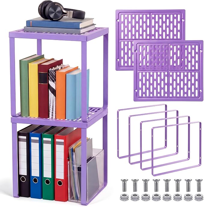 Colarr 2 Pcs Locker Organizer Shelf Stackable 2-Tier Shelves Fits Standard Size School Lockers Heavy Duty Metal Locker Shelf for School Office Gym Lockers Home Storage 11x 10 x 12 Inch(Purple)