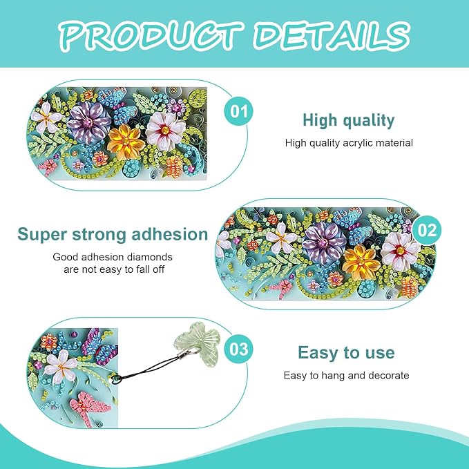 4 Pcs 5D Flowers and Butterfly Diamond Art Bookmarks,DIY Diamond Painting Book Marks with Rhinestone Tassel for Graduation Birthday Reader Gifts