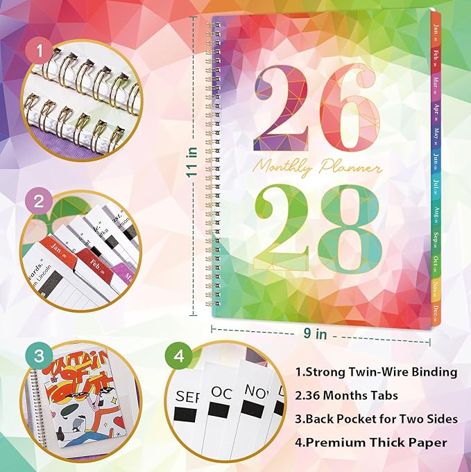 2026-2028 Monthly Planner - 3 Year Monthly Planner 2026-2028, Jan. 2026 - Dec. 2028, 3 Year Calendar 2026-2027-2028 with Colorful Tabs & Inner Pocket, 9" x 11"