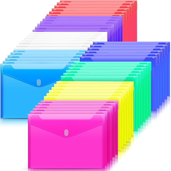 Sooez 50 Pack Plastic Envelopes Poly Envelopes, HeavyDuty File Folders, Clear Folders with Pockets, Folders for Documents Letter A4 Size, Filing Folders, Paper Storage, Office School, 8 Colored