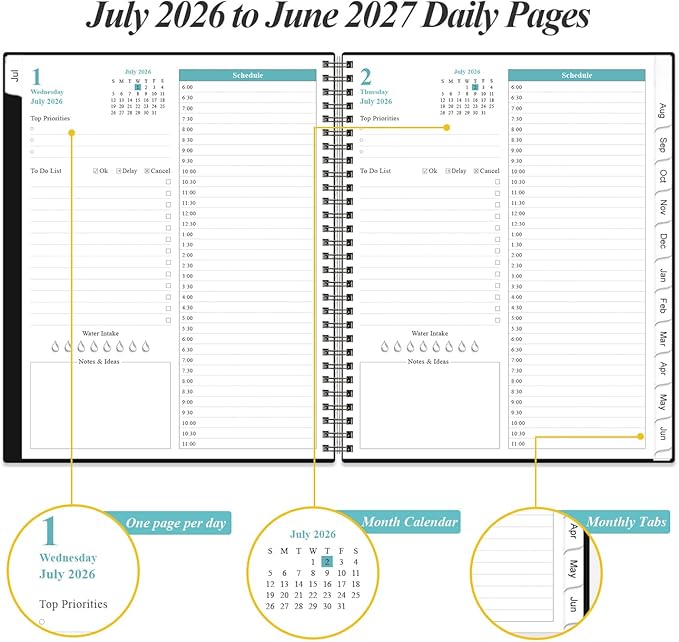 Daily Planner 2026-2027 Full Page Per Day- 2026-2027 Daily & Monthly Planner from July 2026 to June 2027, Day Planner 2026-27 with 12 Months Tabs, 8.5" x 11", Black