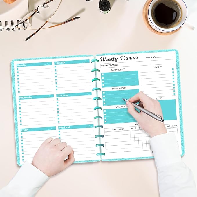 Weekly Planner Undated Refills - Letter Size 53 Sheets/106 Pages Weekly Planner for 11-Disc Discbound, TUL, 100 gsm White Paper, Lasts 1 Year, Undated, 8.5" x 11", Teal