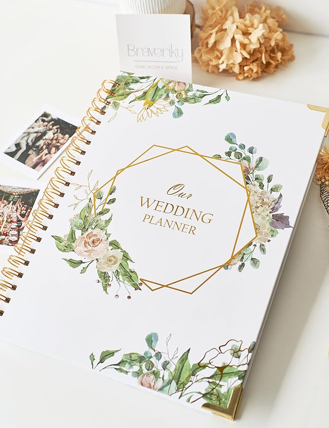 Wedding Planner Book and Organizer for the Bride, 9x12" Wedding Planning Book with 5 Tabbed Sections, Pockets, Checklists, Calendars, Countdown, Metal Corner, Engagement Gifts for Couples, Floral