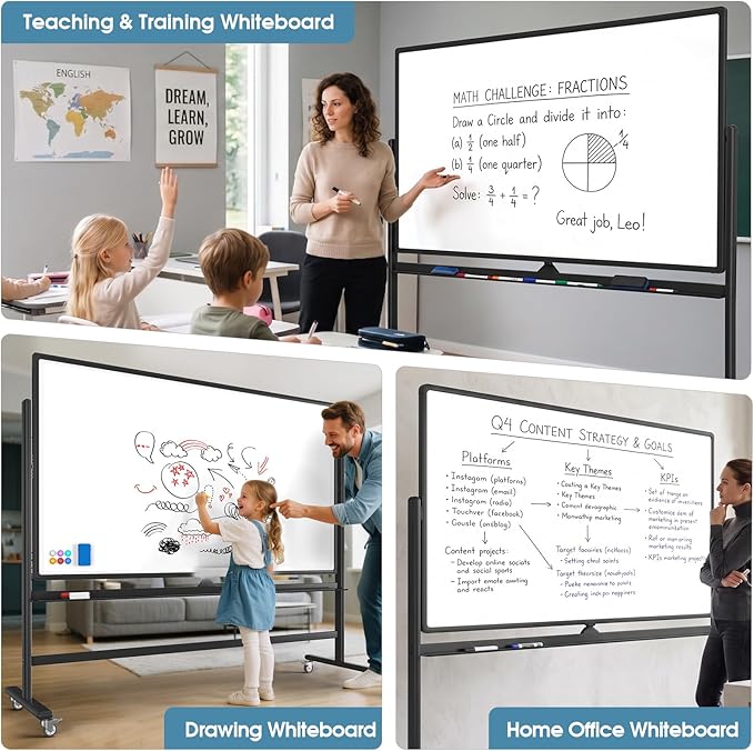 MaxGear Large Rolling Whiteboard, 72x40 Mobile White Board on Wheels, Double-Sided Magnetic Dry Erase Board with Stand, Adjustable Height Whiteboard for Home, School & Office, Black