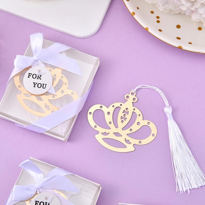 60Pcs Metal Crown Bookmark Set with Elegant Silk Tassel, Baby Shower Gold Crown Design Bookmark with Gift Box, for Girls Wedding Gifts Bridal Shower Party Favors Decorations Guests Souvenirs