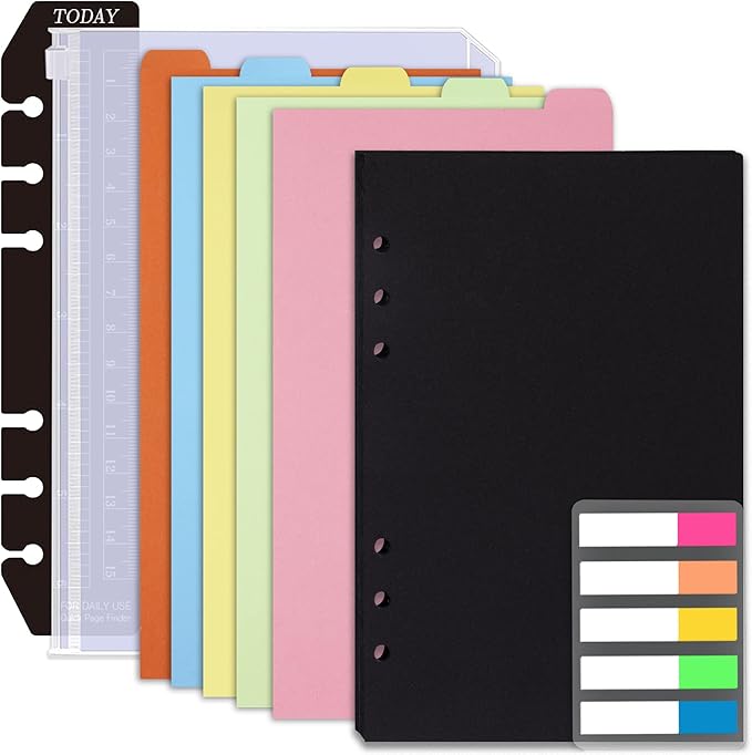 Rancco A6 Planner Inserts 6 Rings Planner Refills Set, 60 Sheet Black Blank To Do List Loose Leaf Paper w/Zipper Pouch, Binder Dividers, Ruler, Index Tab for Journal, Double-sided, Undated, 6.8x3.7in