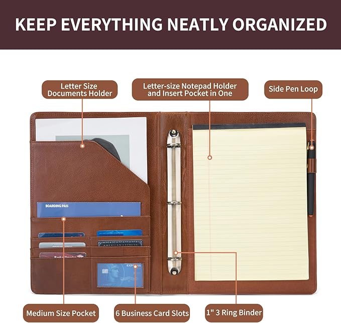 Personalized Genuine Leather 3 Ring Binder, Custom Engraved 8.5 x 11 Letter Size Folio with Pen Holder, Soft Notebook Portfolio Cover, Notepad Padfolio Organizer for Meeting, Brown, Oil Tanned