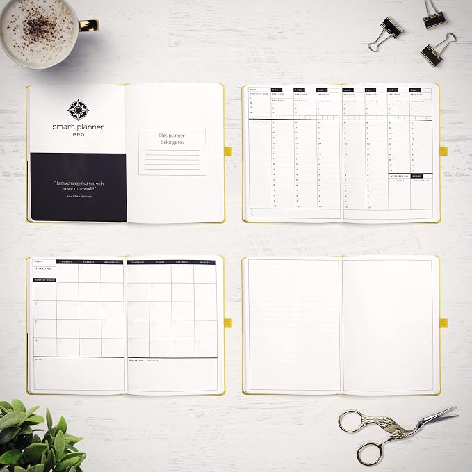 Smart Planner Pro – Undated Daily Planner – Medium B5 – Achieve Goals & Increase Productivity with Weekly, Monthly, Work Sections - Organizer Planner with Back Pocket, 3 Satin Bookmarks & Pen Holder
