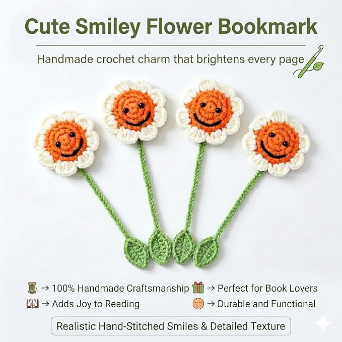 4 Pack Sunflower Crochet Bookmarks,Handmade Knitted Sunflower Book Marker for Women Personalized Book Marks for Reading Men, Book Lover Teacher Kids Birthday Gift,Cute Unique Bookmarks