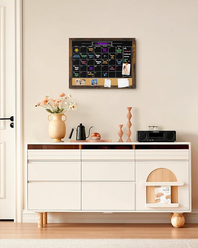 TORASO Magnetic Chalkboard Calendar Corkboard, Small Combination Chalk Board Bulletin Board, 13" x 17",Walnut Brown Framed Blackboard Calendar Cork Combo Board(ZHHB-BN-3343)