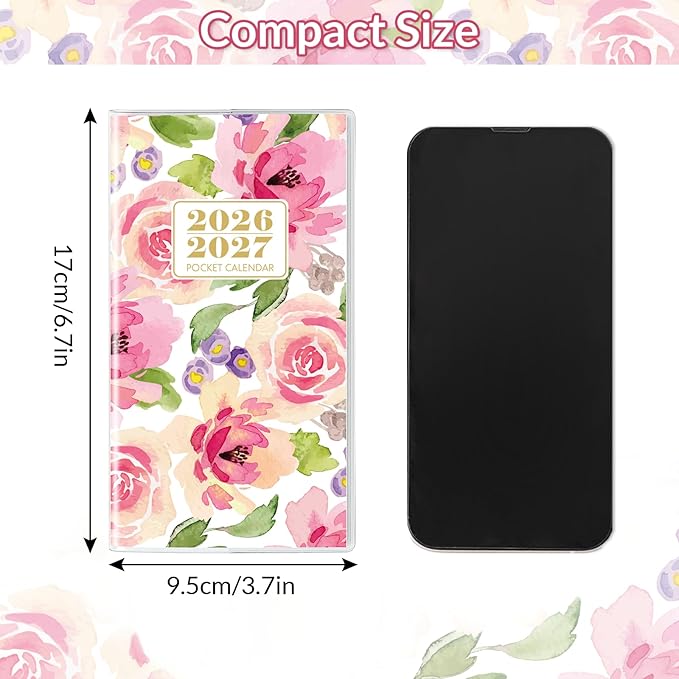 Pocket Calendar 2026-2027, Purse Monthly Planner 2026-2027 - 6.7" x 3.7" - Runs from Janury 2026 Until December 2027, Pocket Planner 2026-2027 with PVC Cover for Planning, Organizing and Office