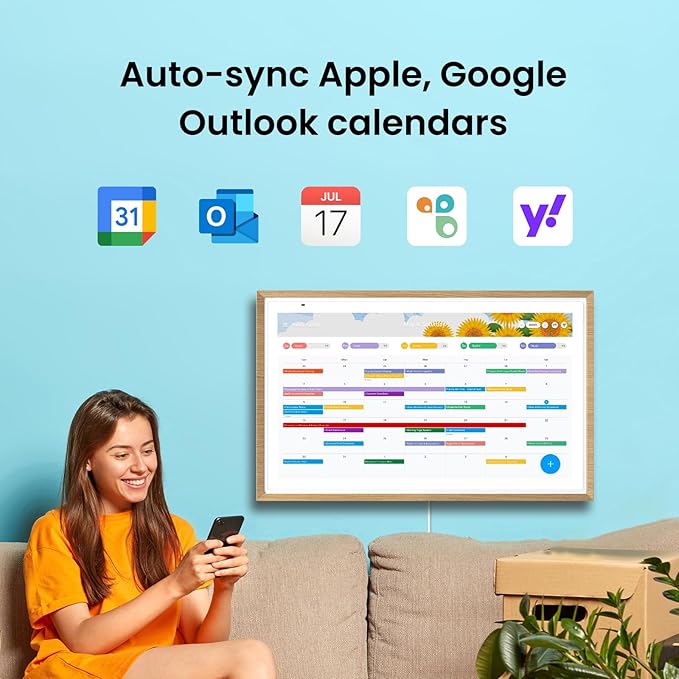 Apolosign 27-inch Digital Calendar : Dual Mode Smart Wall Planner, No Subscription, Install Apps, Sync Calendars, Electronic Touchscreen Interactive Display for Family Schedules, Chore Chart - with Stand (Teak)