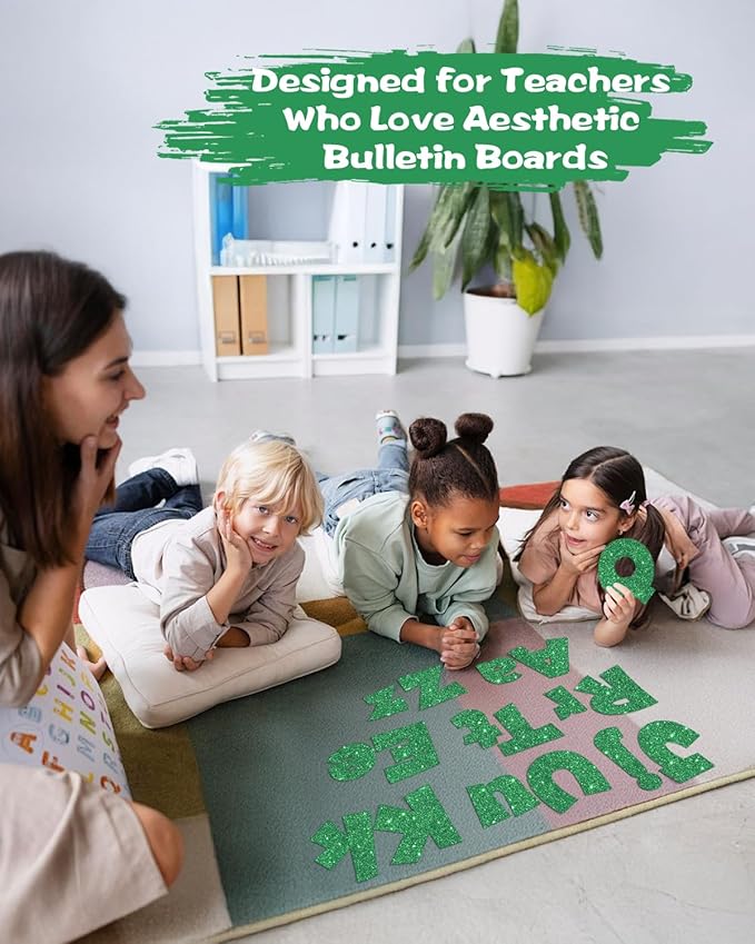 249 Pcs Glitter Bulletin Board Letters Numbers and Punctuation, 4 Inch Alphabet Poster Board Cardboard Letter Cutouts with Adhesive Dots for Classroom Bulletin Board School Decorations (Green)