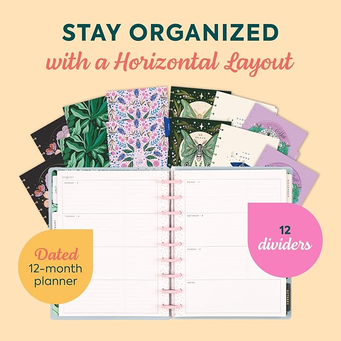 Happy Planner Disc-Bound Planner July 2026–June 2027, Includes 3 Extra Months and 2 Sticker Sheets, Classic Size, 7" x 9.25", Horizontal Layout, Mystic Moths Sage