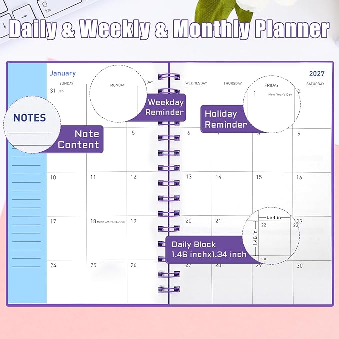 2026-2027 Weekly, Monthly and Daily Planner, 18 Month Planner Notebook from Jan.2026 to Jun.2027 - Academic Organizer for Women Men 5.7" x 8.2"- Dark Purple