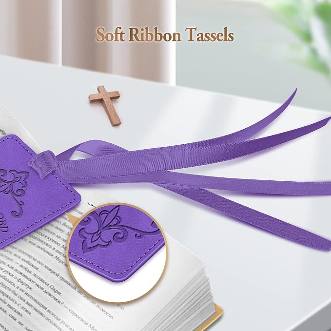 FINPAC Leather Bible Bookmarks, Vegan Religious Bookmarks, Bible Verse Book Markers Church Gifts for Women Men [Trust in The Lord with All Your Heart] - Violet