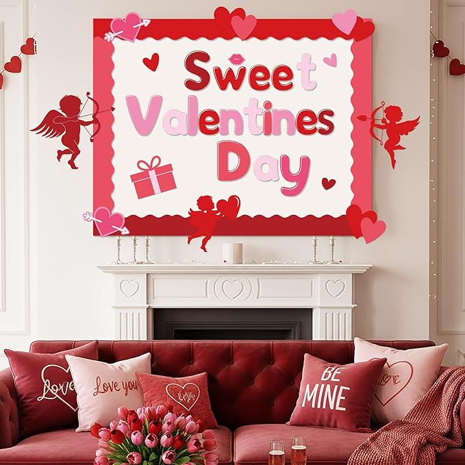 Kosiz Valentine's Day Bulletin Board Decoration Set 118 ft Scalloped Large Bulletin Board Borders Classroom Poster Border Trim with 257 Pcs Letter Number Symbol Cutout for School Decor