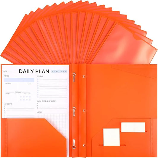 Tenceur 48 Pack Plastic Folders with 3 Prongs Bulk Heavy Duty Folders with Clear Front Pockets and Card Slots with Fasteners Fit Letter-Size Papers for Work School Office (Orange)
