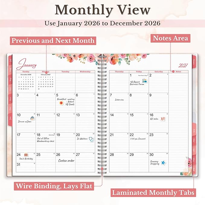 CRANBURY 2026-2027 Academic Planner 8.5x11, July 2026 to June 2027, Weekly Daily Organizer with Monthly Tabs, Floral Theme, Spiral Bound, Agenda Book