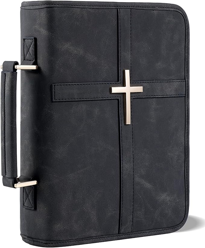 Vegan Leather Bible Cover for Men & Women, Bible Case with Gift Box, Christian Catholic Religious Bible Gifts (Black)