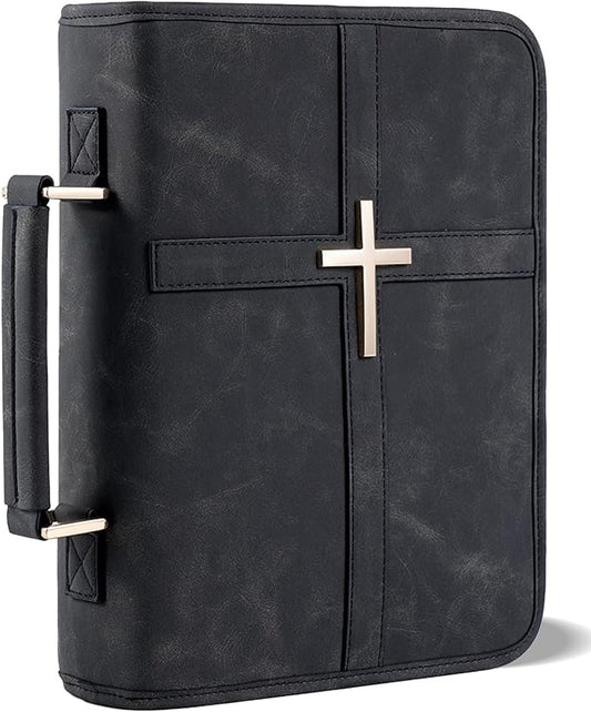 Vegan Leather Bible Cover for Men & Women, Bible Case with Gift Box, Christian Catholic Religious Bible Gifts (Black)