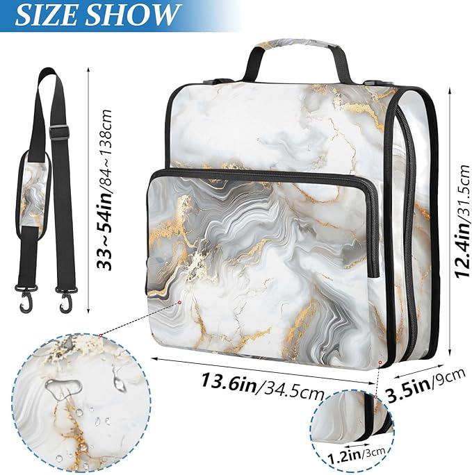 ALAZA White & Gold Marble 3 Ring School Zipper Binder Bag Expanding File Folder Case Briefcase with Shoulder Strap