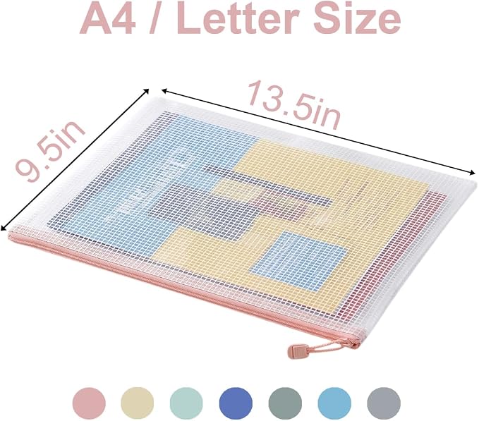 7 Pack Mesh Zipper Pouch Bags, A4 Plastic Zipper Bags,Waterproof File Pouches for Office Supplies, Travel, Storage, Puzzles & Board Games