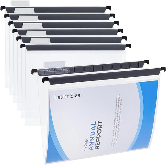 Y YOMA Plastic Hanging File Folders, Letter Size, 1” Expansion, 12 Pack Clear Reinforced Hanging Folders with Tabs Transparent Waterproof for Filing Cabinet Bulky Files Home Office