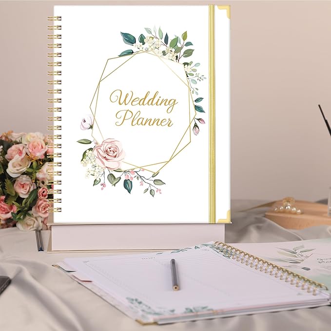 Wedding Planner & Organizer - Wedding Planner Book and Organizer for the Bride, Wedding Planning Book with 5 Tabbed Sections, 9" x 11.9", Hardcover with Metal Corner + 5 Inner Pockets + Elastic Closure - Romantic Floral