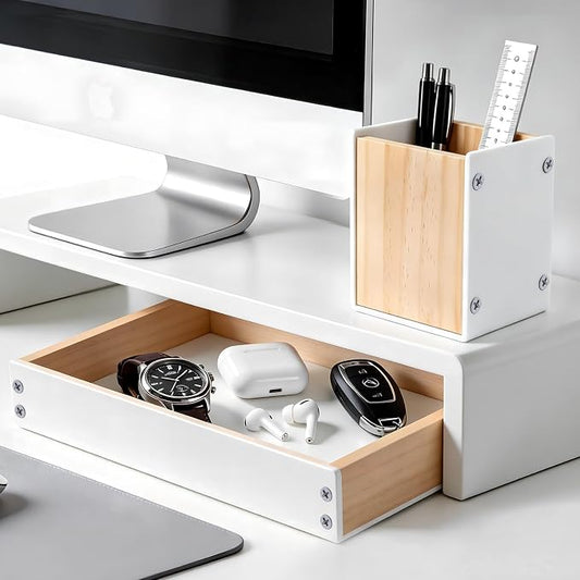 Desk Tray with Pen Holder Set, Acrylic & Wooden Desktop Organizer Multifunctional Home Office Workspace Accessories for Watch, Pens, Keys (White)
