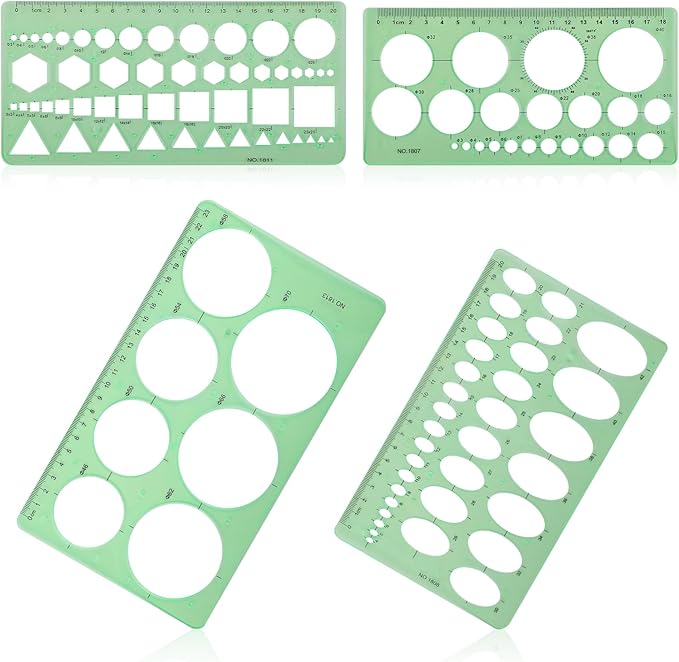 4pcs Circle Template for Drawing, Transparent Plastic Drafting Tool Various Geometric Round Circle and Oval Stencil Formwork Ruler Measuring Tool for Office School Building Drawings (Green)