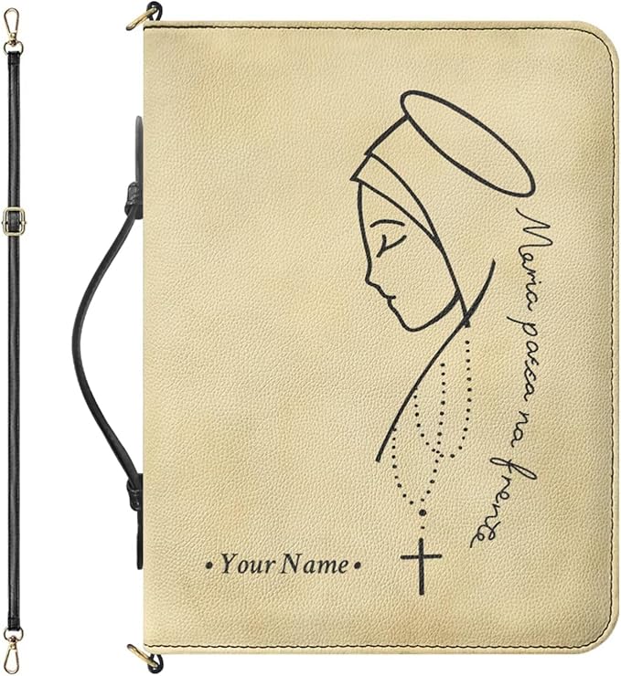 Personalized Bible Cover with Name, Our Lady of Guadalupe Design Custom Bible Case with Strap and Handle, Vegan Bible Cover Case with Inner Pockets and Pen Loop, Bible Accessories, XL
