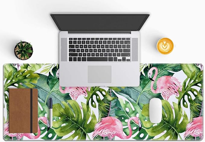 Large Gaming Mouse Pad with Stitched Edges, Watercolor Tropical Palm Tree with Flamingo Desk Mat Extended Keyboard Pad, Non-Slip Rubber Base Desk Pad for Keyboard and Mouse, 31.5X11.8 inch