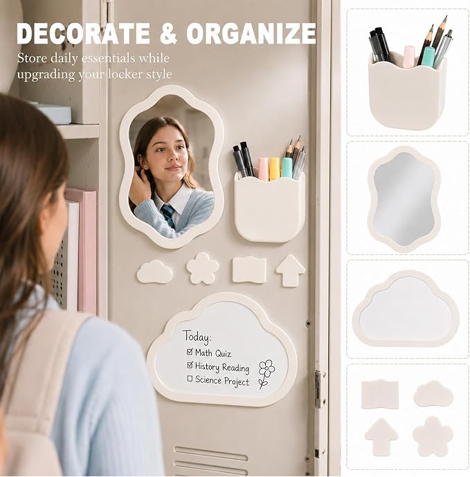 Svartur Magnetic Locker Accessories Set - Locker Mirror, Dry Erase Whiteboard, Magnetic Pen Holder & Cute Magnets, Aesthetic School Locker Decor for Girls, Locker Organizer Kit, White