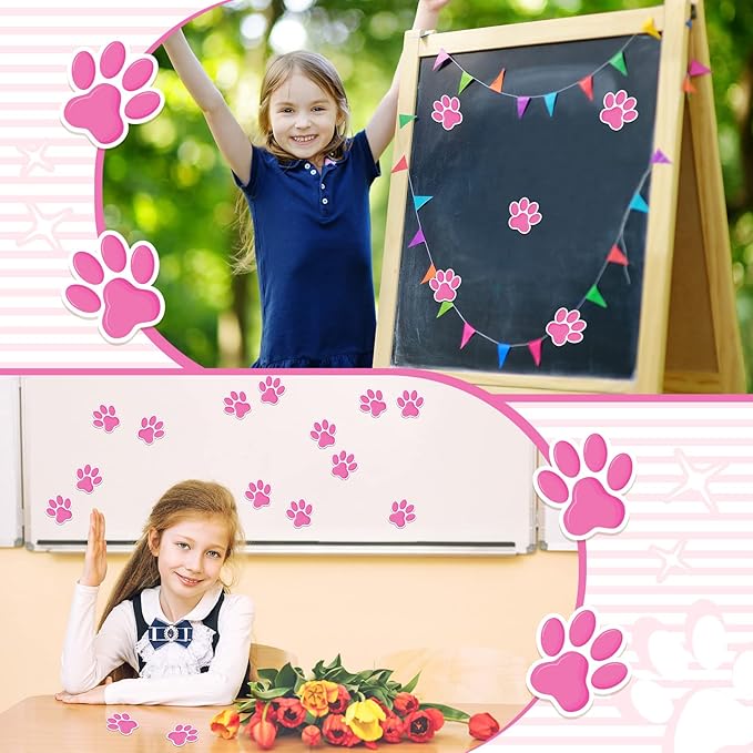 Junkin 60 Pcs Mini Paw Prints Cutouts Accents Bulletin Board Patrol Table Decorations Wall Decal Poster for Kids Educational School Home Party Supplies (Pink Purple)