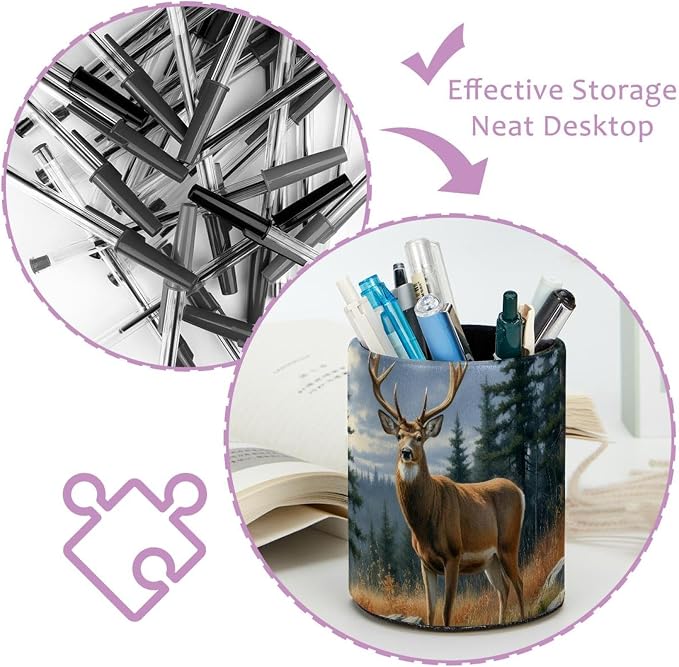 Pen Pencil Holder for Desk, Forest Deer Makeup Brush Holders Leather Pen Organizer Pencil Caddy for Office Home Art Supply