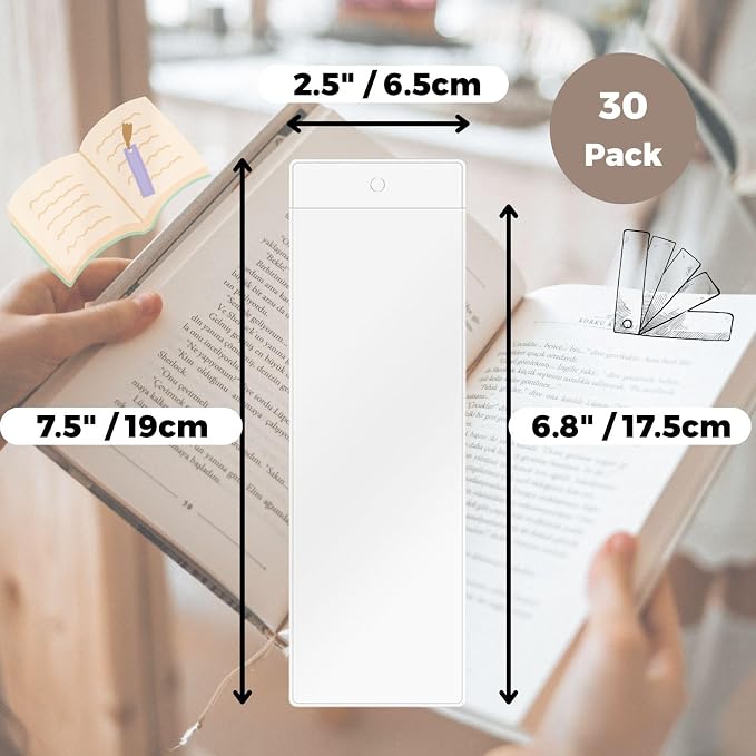 30 Pack Clear Bookmark Sleeves, Plastic Bookmark Packaging, 7.5 x 2.5 Inches