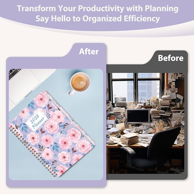 2026 Planner, Weekly and Monthly Calendar Planner, Academic Daily Agenda (Jan 2026 - Dec 2026), Hardcover Planning Notebook for Office Accessories and School Supplies, Pink Blossoms