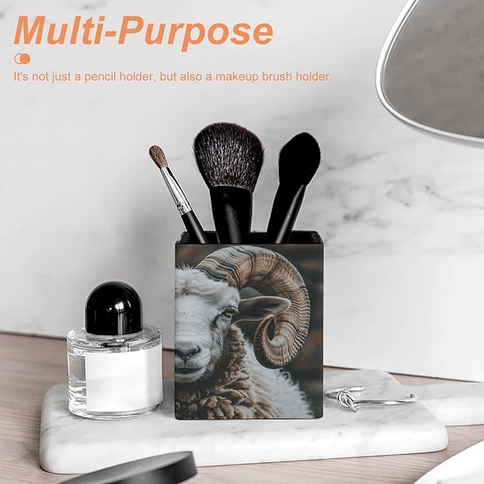 PU Leather Pencil Holder Longhorn Ram Pen Holder for Office Desk Accessories & Workspace Organizer Square Pencil Cup with Non-slip Bottom for Home Bathroom Conference Room