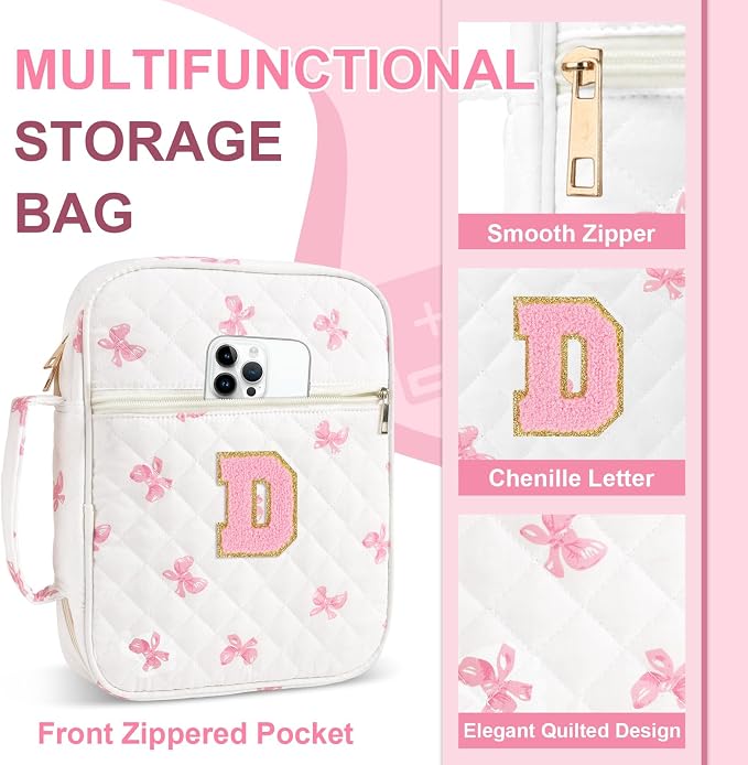 Personalized Initial Bible Cover Case for Women Girls Kid - Large Quilted Bible Case with Handle,Chenille Letter Bag Study Supplies,Christmas Gifts for Christians Birthday Graduation(Pink Bow-D)