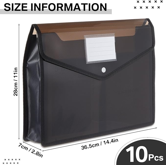 10 Pieces Plastic File Folders Envelope Expanding File Wallet Organizer Documents Folder with Snap Closure and Pocket B4 Waterproof Transparent Pouch for School Office (Black,Horizontal)