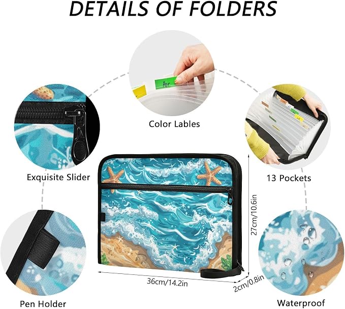 Ocean Sea Coast File Folders,Plastic Folders with 13 Pockets,Expandable File Folder for Documents School Students Office,Aesthetic Folder with Labels A4 Letter Size