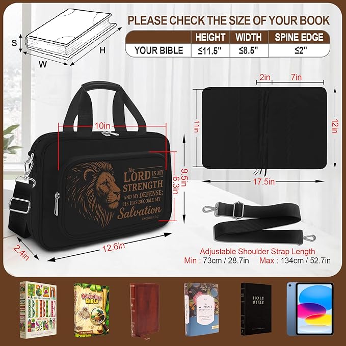 Lion Large Bible Cover Case for Men,Bible Bag for Boys,Bible Carrier,Bible Holder Organizer,The Lord is My Strength,Bible Study Supplies Journaling Kit With Highlighter,Tabs,Pen,Christian Gift