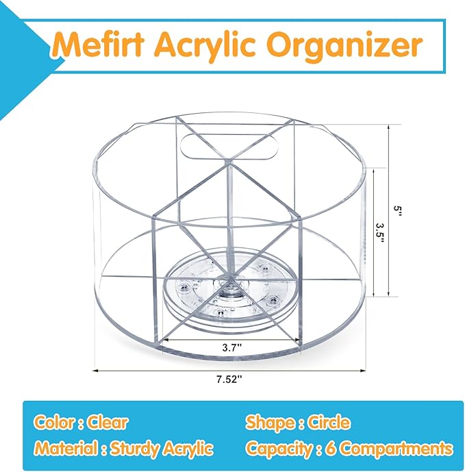 Mefirt Acrylic Pen Holder, 360 Degree Rotating Pen Organizer, Rotating Desk Acrylic Office Organizer with 6 Compartments, Marker Organizer for Kid, Crayon Caddy School Art Supply Storage Organizer