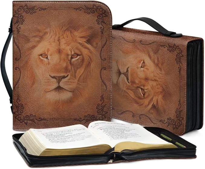 Retro Religious Style Lion Bible Case with Bookmark Waterproof Bible Cover Case for Women Lightweight Bible Bag with Handle Pockets Church Book Bag Brown