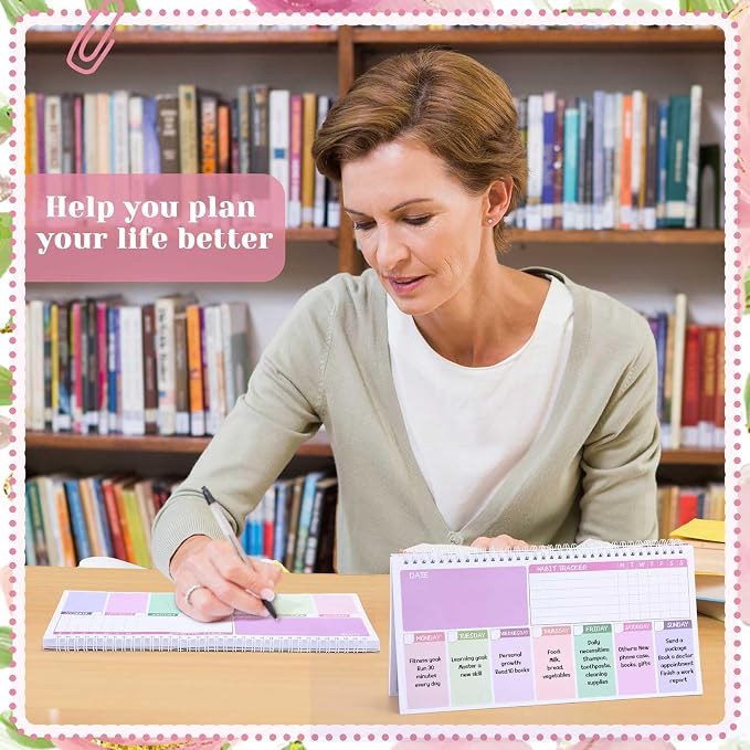 Funrous Floral Undated Weekly Planner 2026 Weekly To Do List Notepad with Goal Shopping Horizontal Desk Calendar Spiral Bound Calendar for Planner Reminder Office School 12 x 6 inch(Classic,Pink)