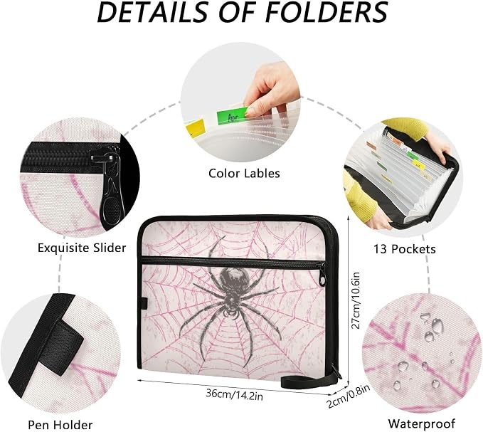 Black Spider on Pink Web Accordion File Organizer Expanding Document Folder with 13 Pockets Portable File Folder for A4 Letter Size