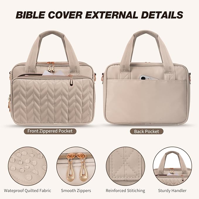 KOPKOFT Bible Cover Case for Women, All-in-One Bible Study Supplies Journaling Kit with Highlighters Tabs, Quilted Book Carrying Cases, Christmas Christian Gifts for Women (Smokey Taupe)